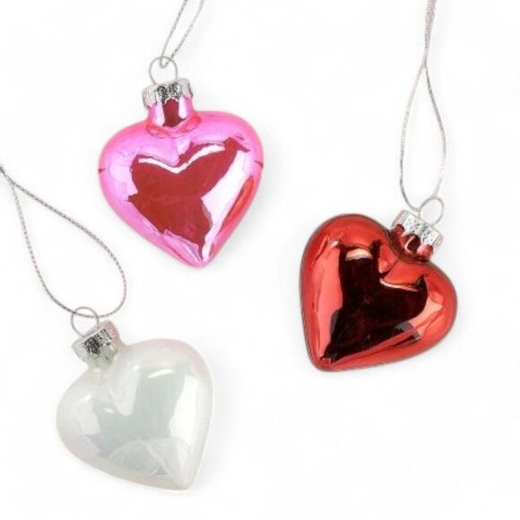 Set of 12 2" Blown Glass Red White Pink Shiny Hearts Christmas Tree Ornaments - Picture 2 of 8